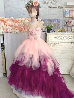 ชุดราตรีเด็ก(หน้าร้านอยู่รัชดา ลองได้ถ่ายรูปเองจากชุดจริง)W19010 สีชมพูเข้ม แขนสั้น กระโปรงยาวชมพูไล่สีเข้ม